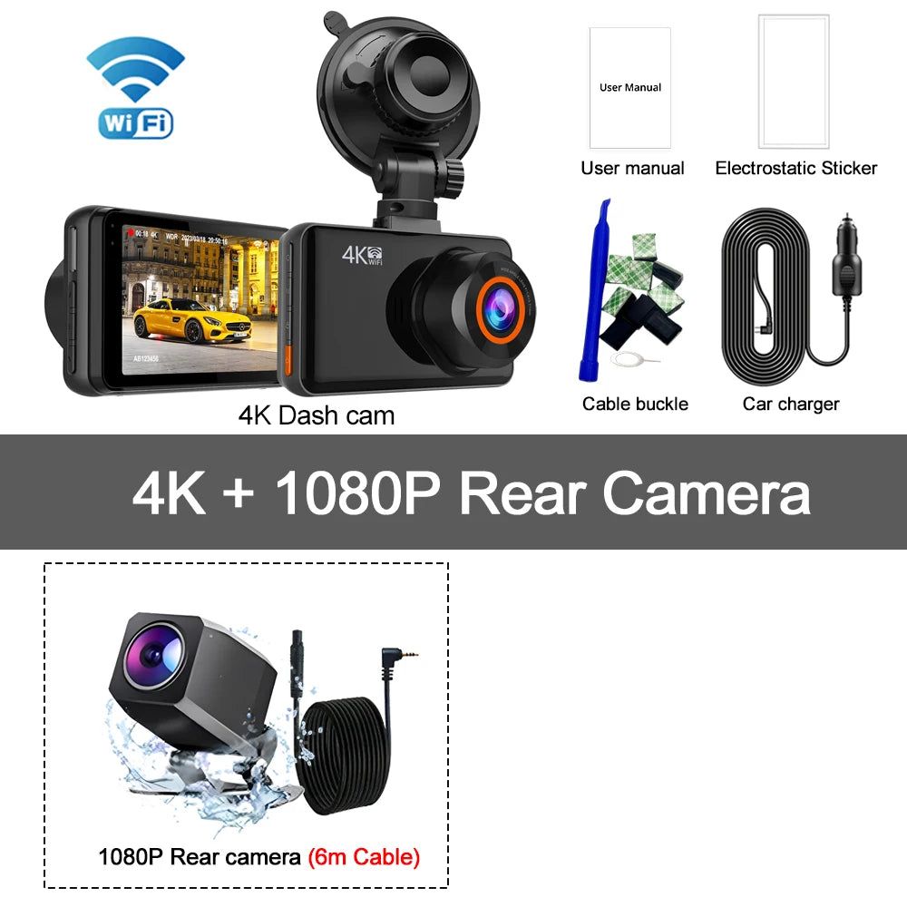 4K Dash Cam Front and Rear Car DVR with WiFi