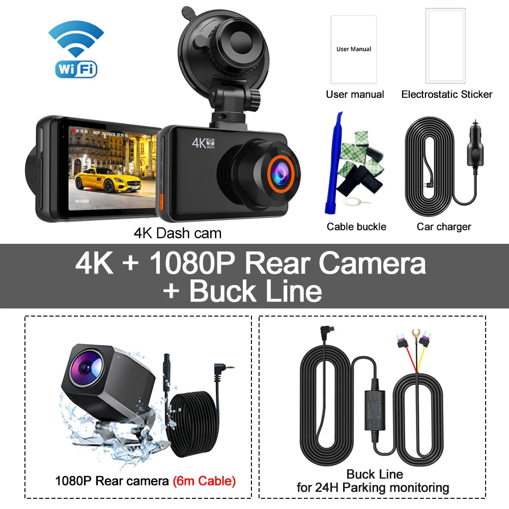 4K Dash Cam Front and Rear Car DVR with WiFi