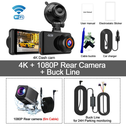4K Dash Cam Front and Rear Car DVR with WiFi