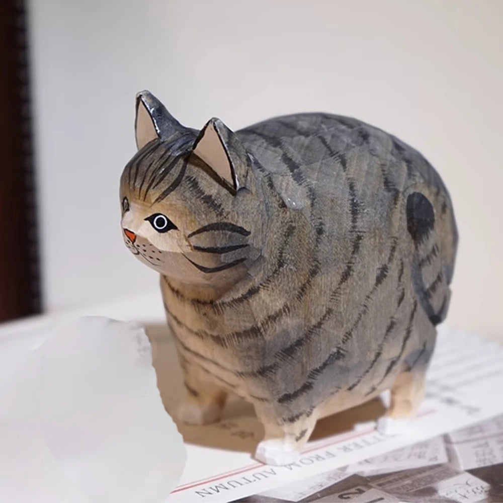 Purrfectly Carved – Wooden Cat Desk Ornament